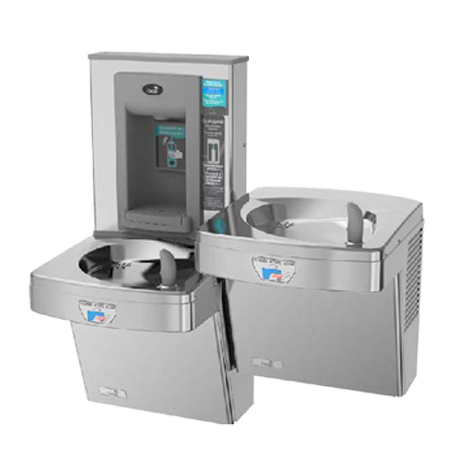 OASIS ตู้ทำน้ำเย็น 2 ระดับ พร้อมตู้เติมน้ำขวด แบบติดผนัง รุ่น P8EBQSLTTY ระบบเซนเซอร์จ่ายอัตโนมัติ และ UV-LED ที่จุดจ่ายน้ำของตู้เติมน้ำขวด